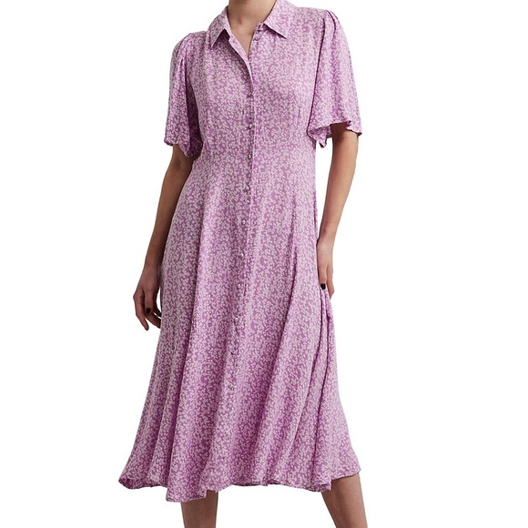 Yas Stelli Flutter-Sleeve Floral Midi Shirtdress Pink White Relaxed Circle S - Picture 6 of 13